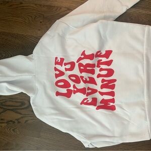 White Hoodie with Red Graphic Text